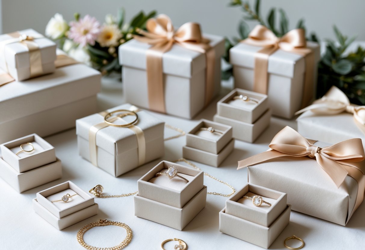 A neatly arranged display of small jewelry boxes with delicate jewelry and simple elegant packaging on a clean surface.