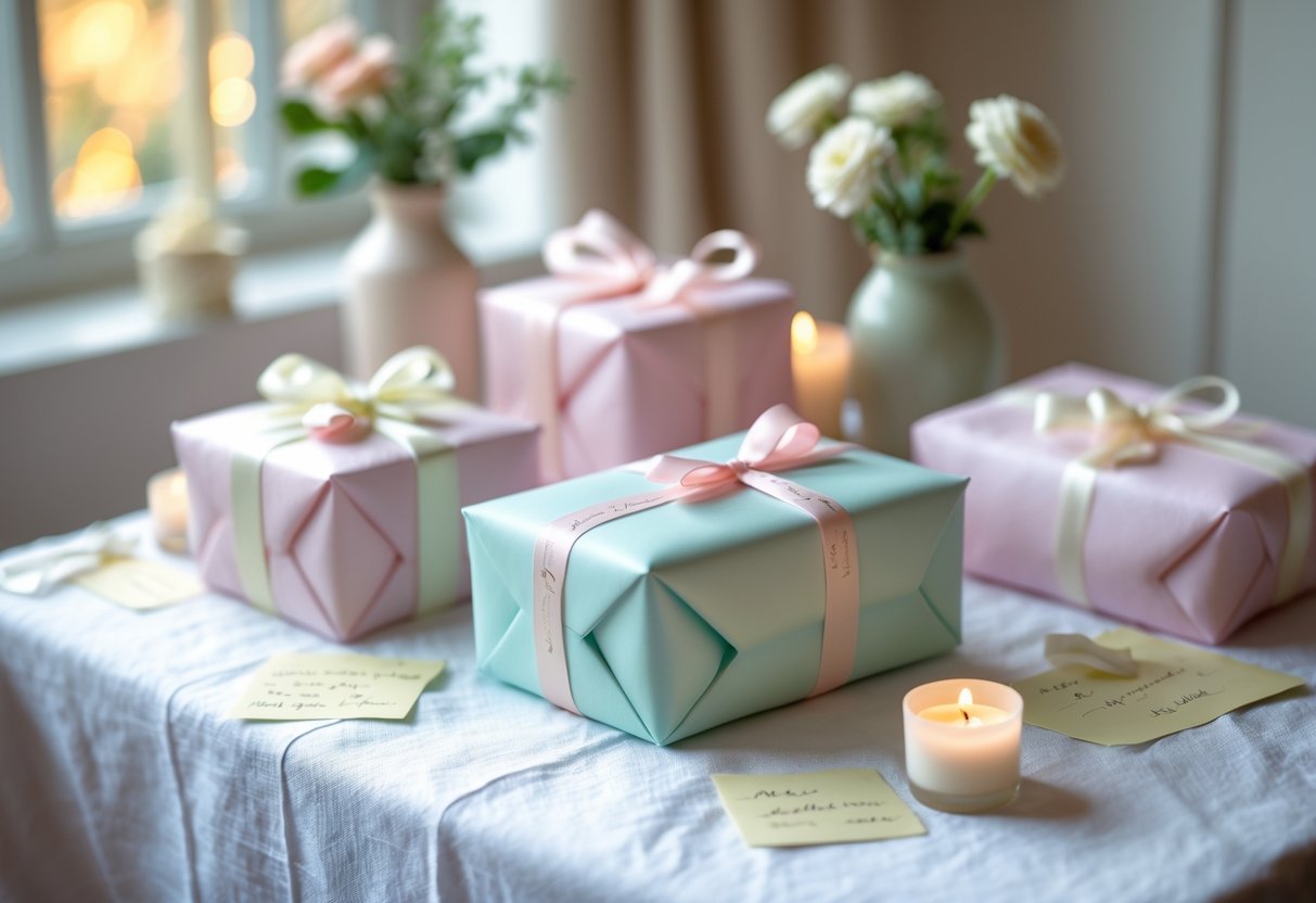 A small table with a few wrapped gifts, flowers, and candles in a cozy indoor setting.