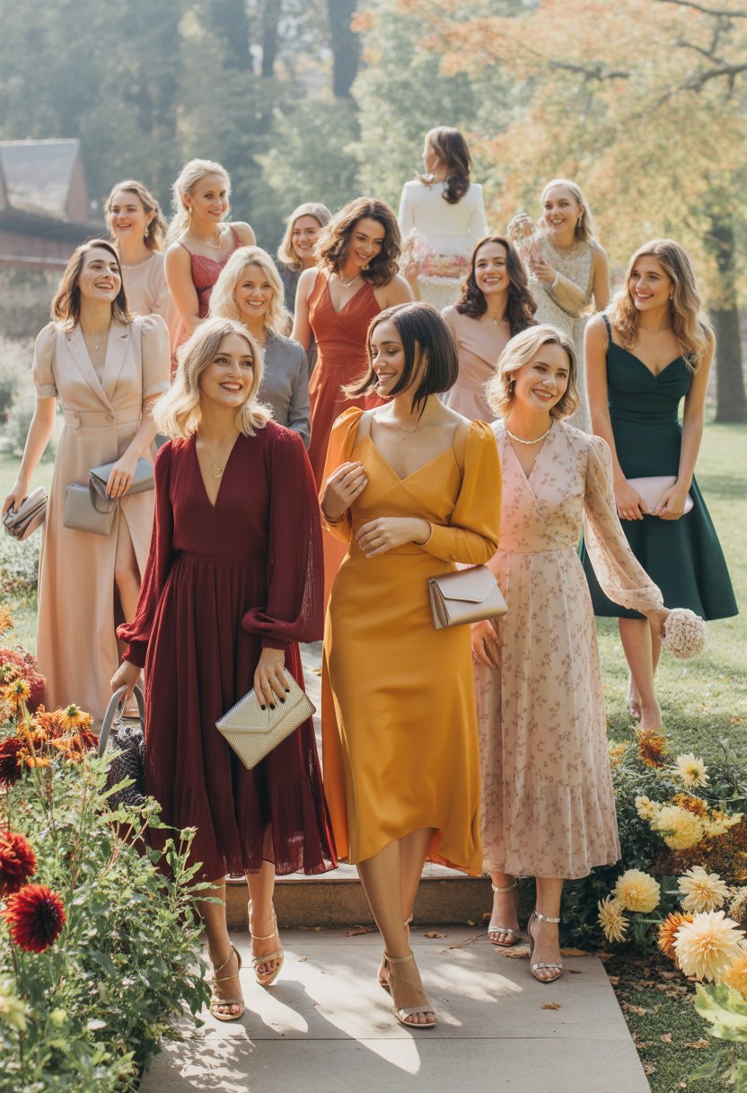 A group of women outdoors wearing a variety of dresses in autumn colors, standing and walking along a garden path surrounded by trees and flowers.