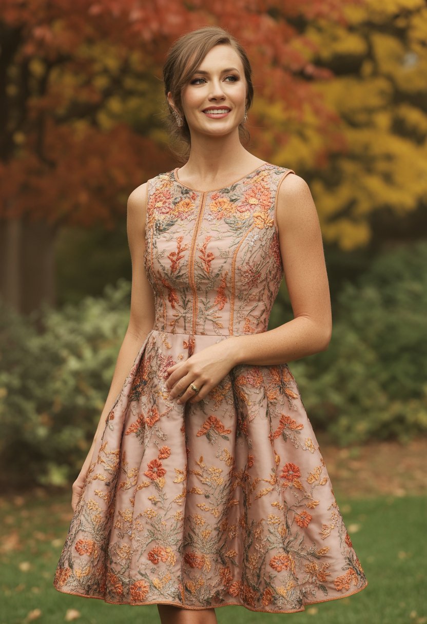 A woman standing outdoors in a garden wearing an embroidered fit-and-flare dress with autumn foliage in the background.
