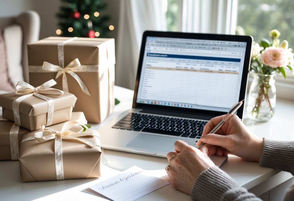 Hands writing a card next to wrapped gift boxes on a desk with a laptop displaying a guest list in a bright home office.