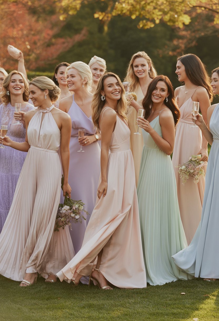 A group of women wearing pastel flowing gowns standing and smiling outdoors at a wedding reception.