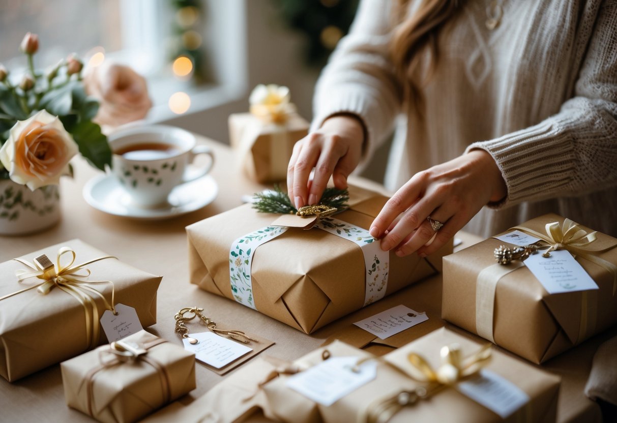 Hands arranging personalized wrapped gifts on a small table in a cozy home setting.