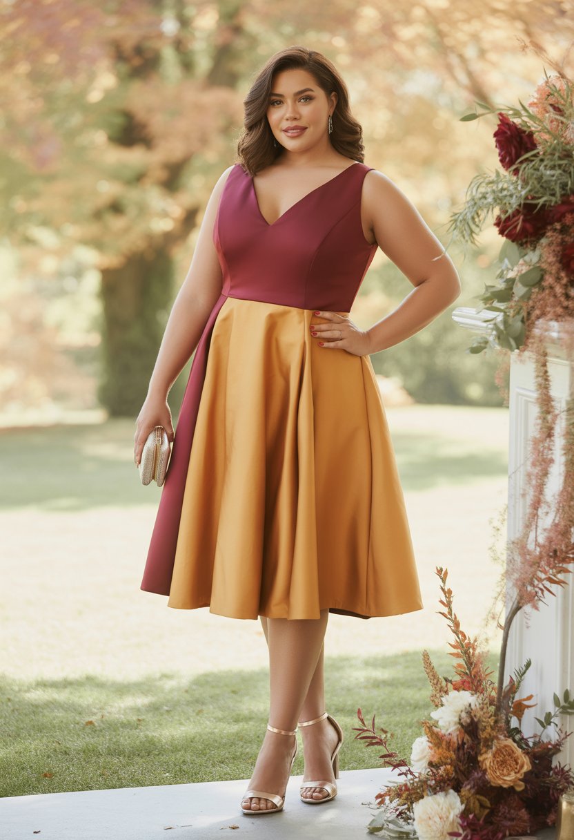 A plus size woman stands outdoors in a garden wearing an elegant dress, smiling gently with autumn foliage in the background.