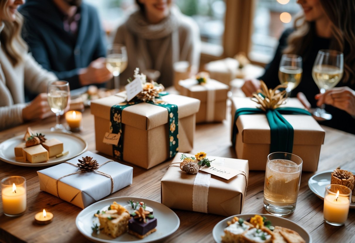 A small gathering with personalized wrapped gifts on a wooden table surrounded by snacks and candles, with people smiling and interacting in the background.