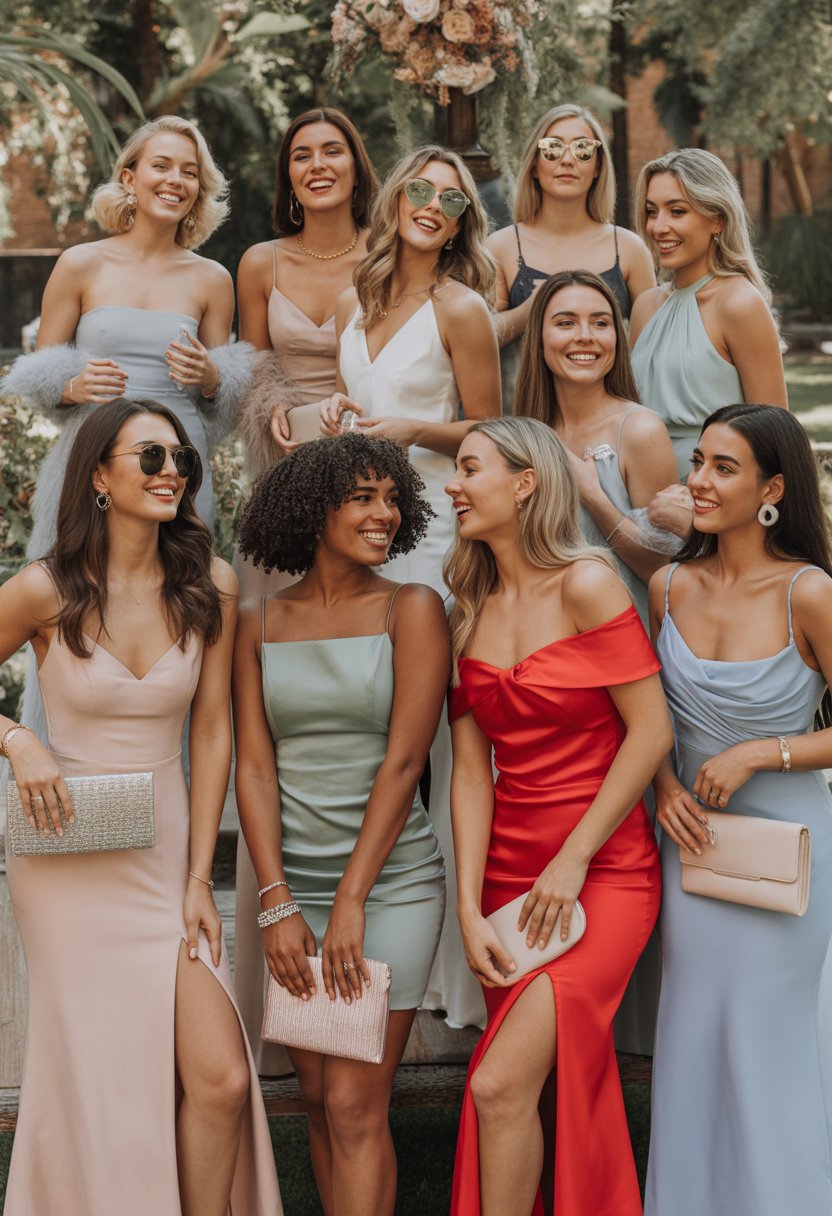 A group of women wearing summer dresses at an outdoor wedding with greenery and flowers in the background.