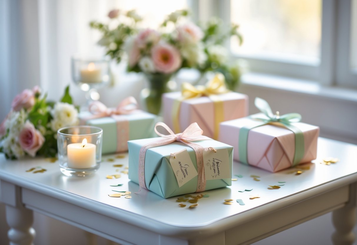 A small table with a few neatly wrapped gifts, each with a handwritten tag, surrounded by flowers and a lit candle.