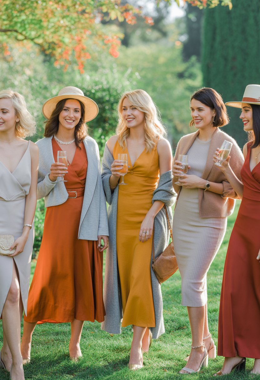 A group of women dressed in autumn outfits socializing in a sunny garden setting.