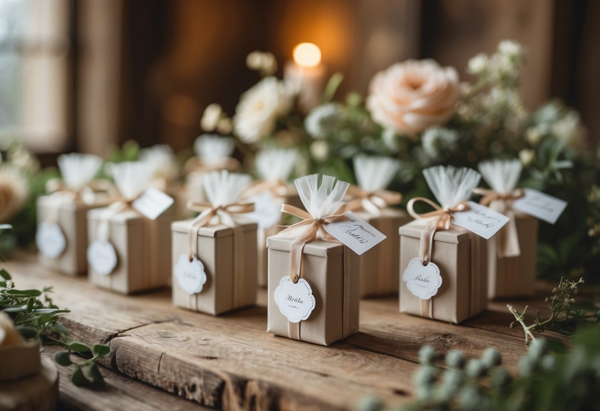Close-up of personalized wedding favors arranged on a wooden table with ribbons and name tags, surrounded by flowers and greenery.