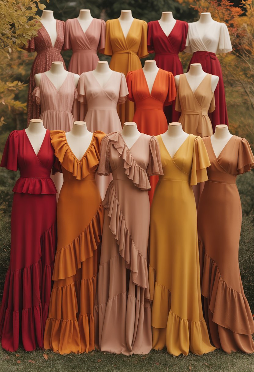 A group of women wearing elegant ruffled dresses in warm autumn colors standing outdoors with fall foliage in the background.