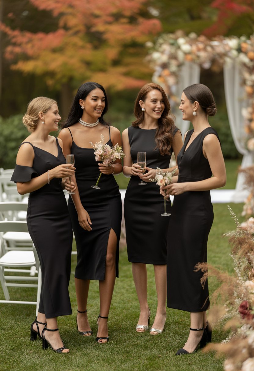 A group of women wearing black dresses at an outdoor wedding in a garden with autumn leaves, holding flowers and drinks.
