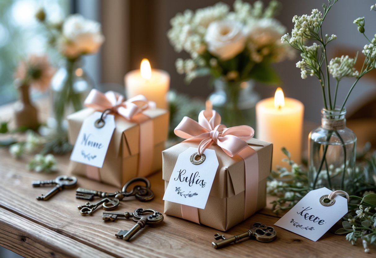 A table set with personalized gift boxes, small floral arrangements, and candles in a warm, intimate setting.