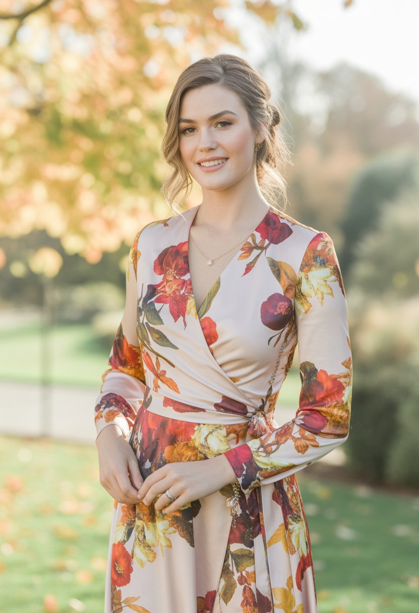 A woman standing outdoors wearing a floral wrap dress with autumn colors, surrounded by fall foliage.