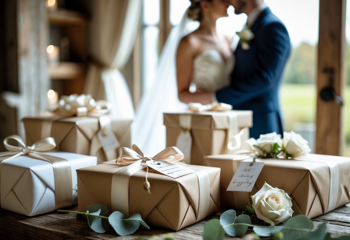 Close-up of beautifully wrapped wedding gifts on a wooden table with a bride and groom sharing a tender moment in the background.