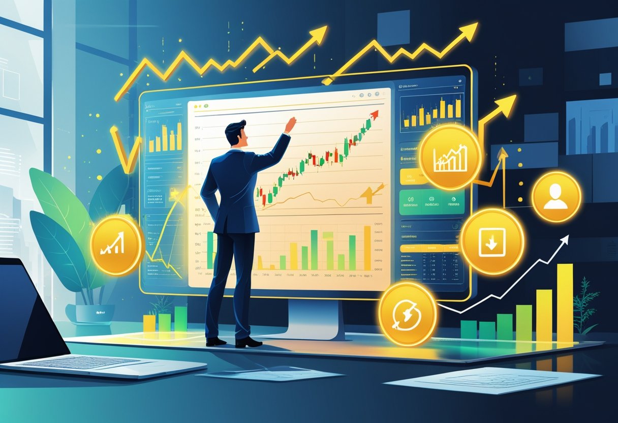 A businessperson analyzing stock market charts on a digital screen with five glowing icons representing key traits of winning stocks in a modern office setting.