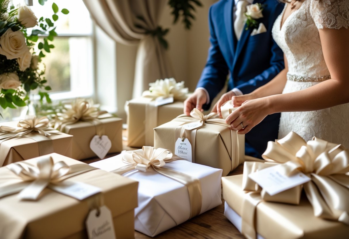 A bride and groom exchanging personalized wedding gifts in a softly lit room decorated with flowers.