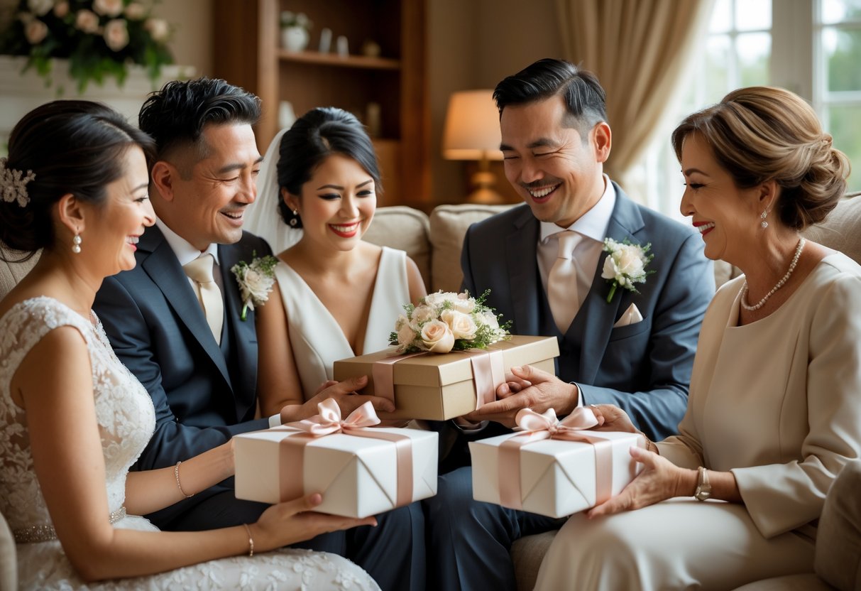 A bride and groom giving thoughtful gifts to close family members who look happy and emotional in a cozy living room.