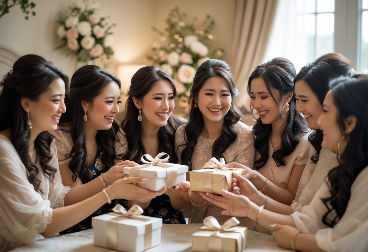 A group of close friends sharing emotional moments and exchanging gifts during wedding day preparations in an elegant room.