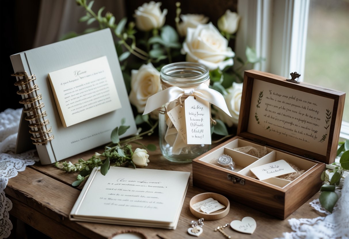 A wooden table with wedding keepsakes including a photo album, a jar of handwritten notes, a wooden box with jewelry and dried flowers, surrounded by white roses and greenery.