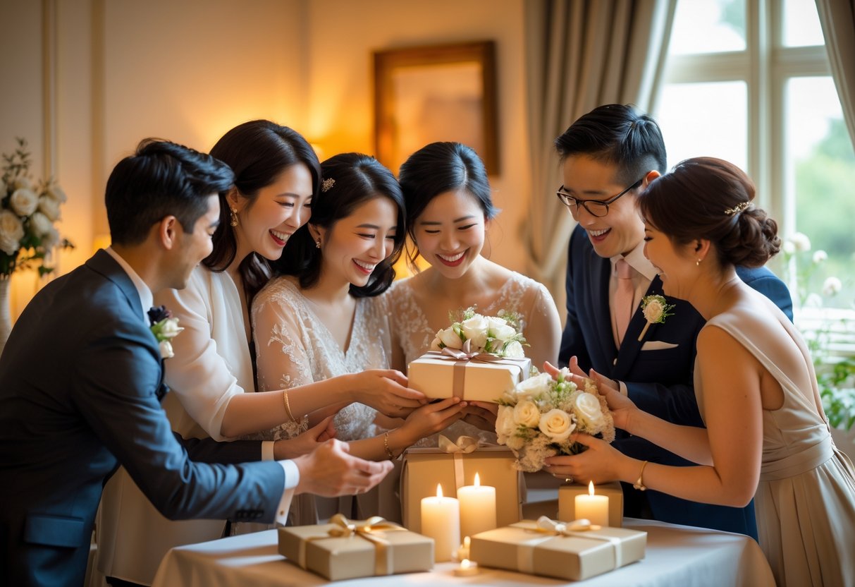 A small group of close friends and family exchanging gifts and sharing emotional moments in a warmly decorated room on a wedding day.
