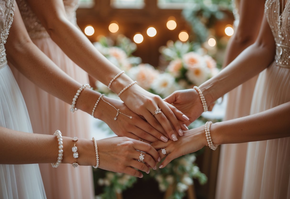 Close-up of bride and bridesmaids wearing matching elegant jewelry during a small wedding celebration.