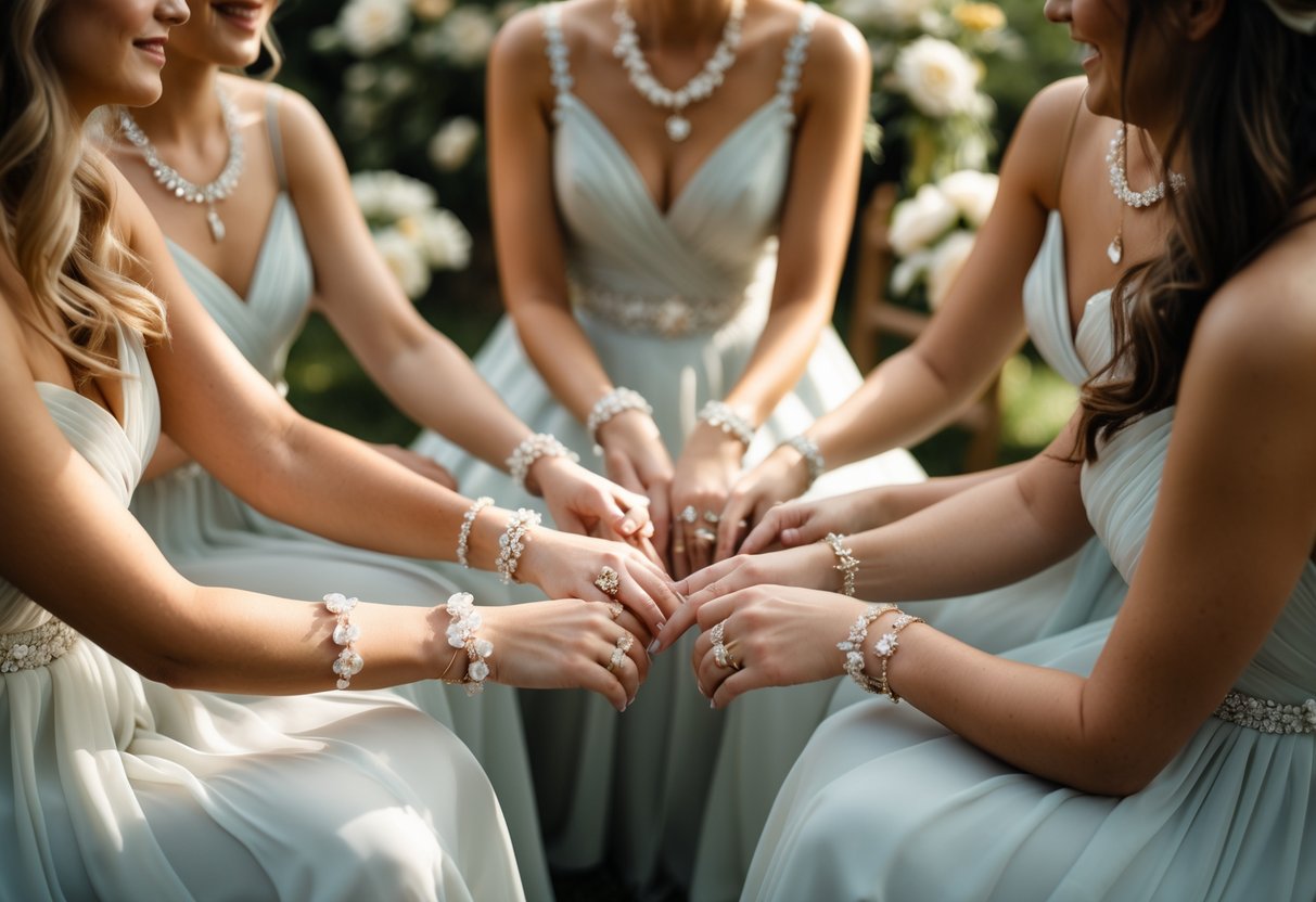 A small bridal party outdoors showing their hands and wrists adorned with matching delicate jewelry during a wedding.