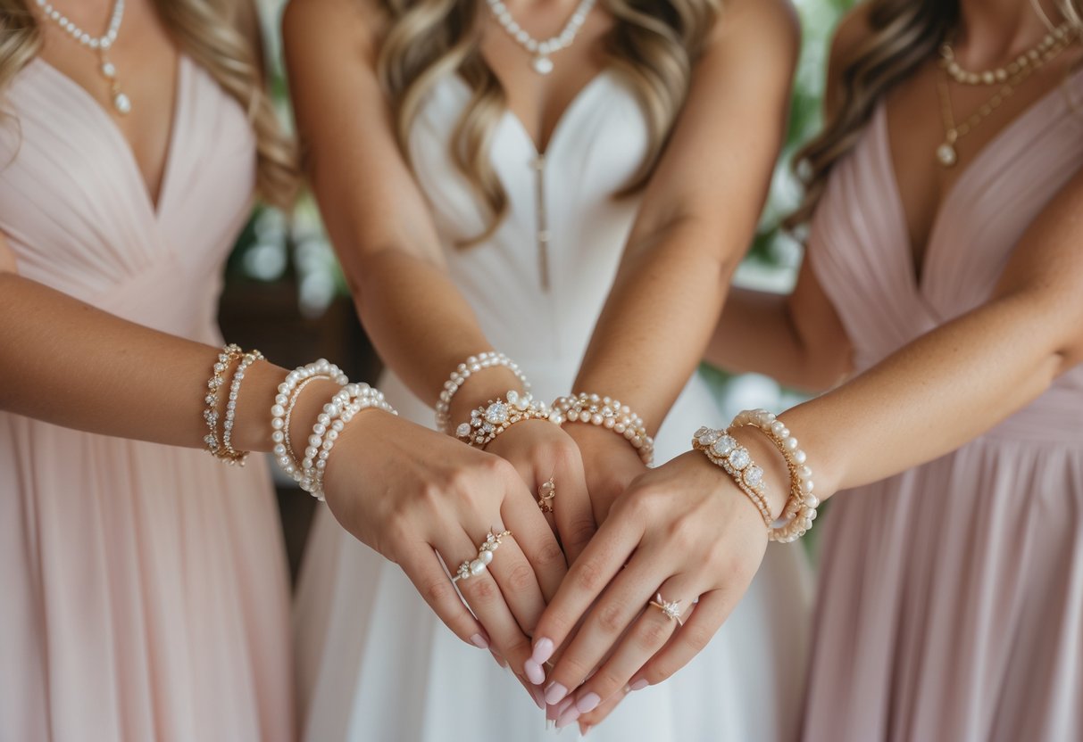 Close-up of three bridesmaids' hands and wrists wearing coordinated but unique jewelry at a small wedding.
