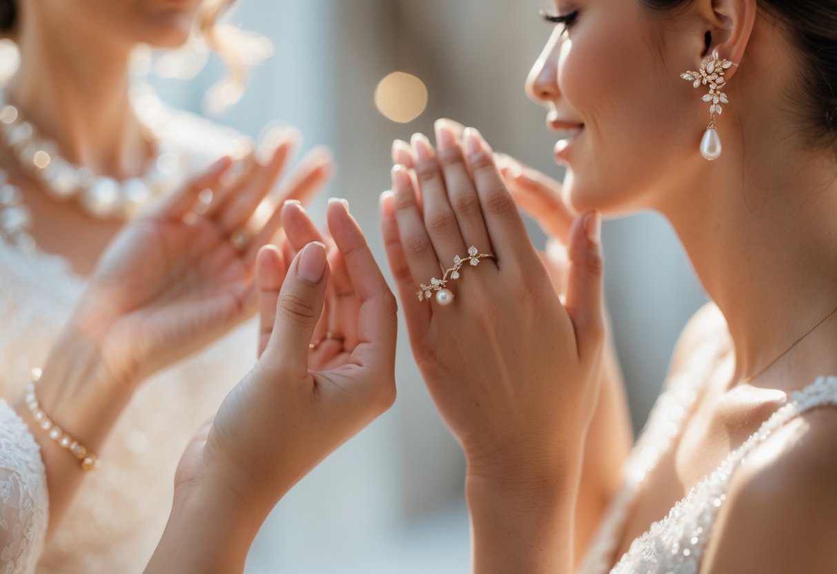 Close-up of bridal party wearing elegant earrings during a small wedding celebration.