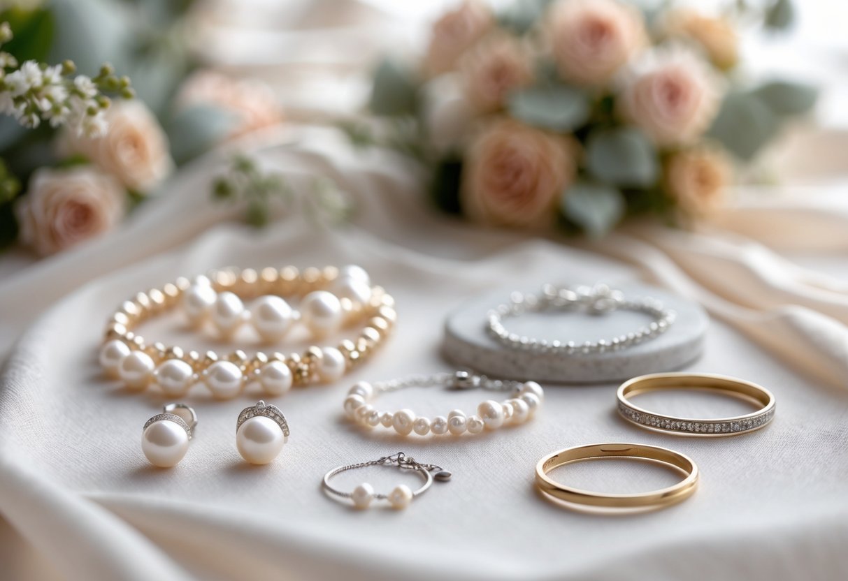Close-up of delicate bridal party jewelry including earrings, bracelets, and necklaces arranged on fabric with a small wedding setup blurred in the background.