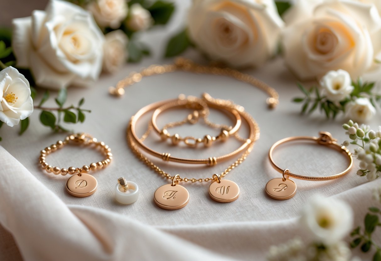 Close-up of personalized bridal party jewelry including bracelets, necklaces, and rings arranged with flowers and soft fabric.