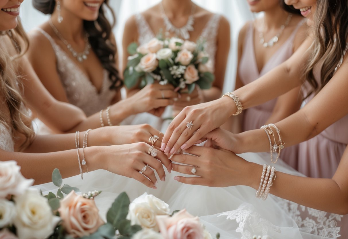 Bridal party wearing elegant jewelry and sharing joyful moments during a small wedding celebration.