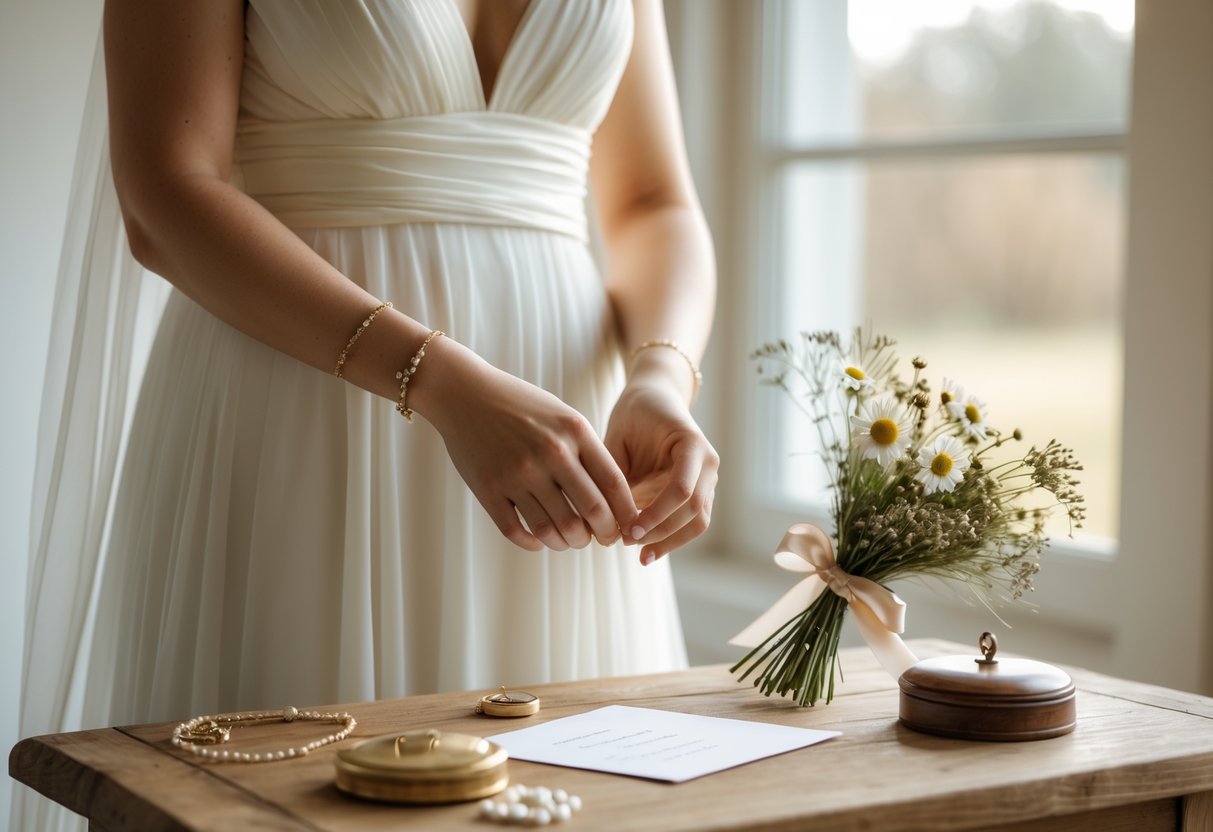 Close-up of a bride's hands holding delicate jewelry with meaningful accessories on a wooden table nearby, including a vintage locket and a small bouquet of wildflowers.