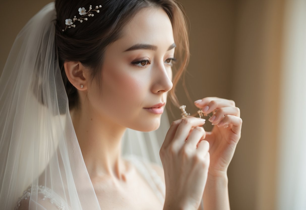 A bride adjusting a delicate veil and simple hair accessories in a softly lit room.