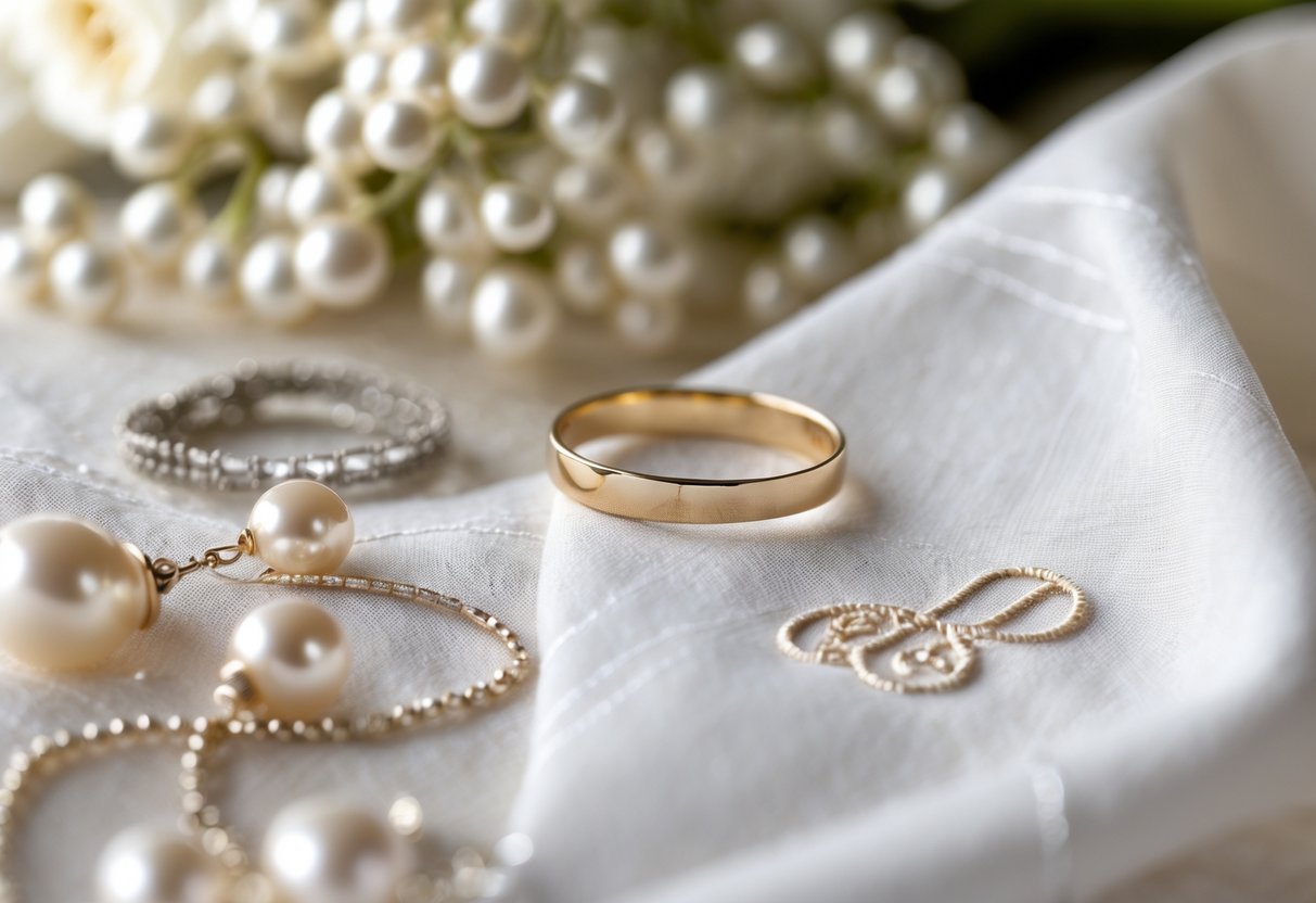 Close-up of a white embroidered fabric with bridal accessories including pearl earrings, a silver bracelet, and a gold wedding band arranged on a soft surface.