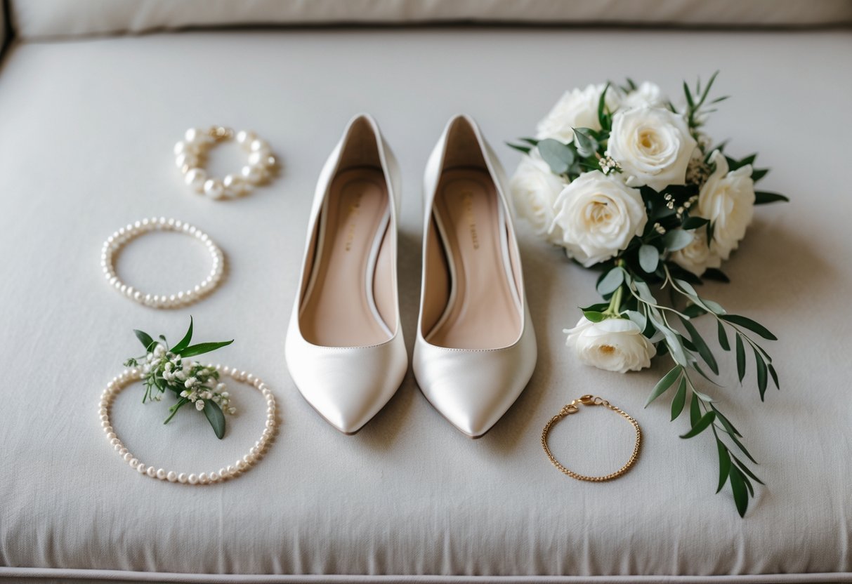 A pair of simple white bridal shoes with a pearl bracelet, a delicate necklace, and a small bouquet of white flowers on a soft surface.
