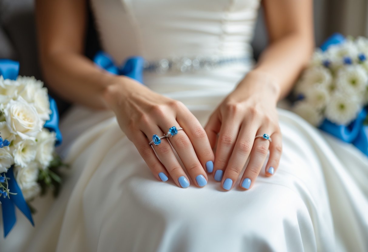 Close-up of a bride's hands resting on her lap, showing subtle blue accessories including a ribbon on the bouquet, a garter, and a gemstone ring.