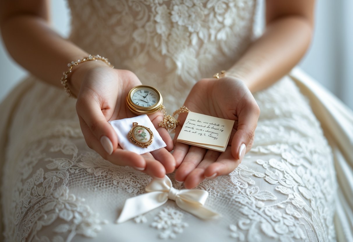 Close-up of a bride holding meaningful accessories including a locket, bracelet, handkerchief, and note on her wedding dress.