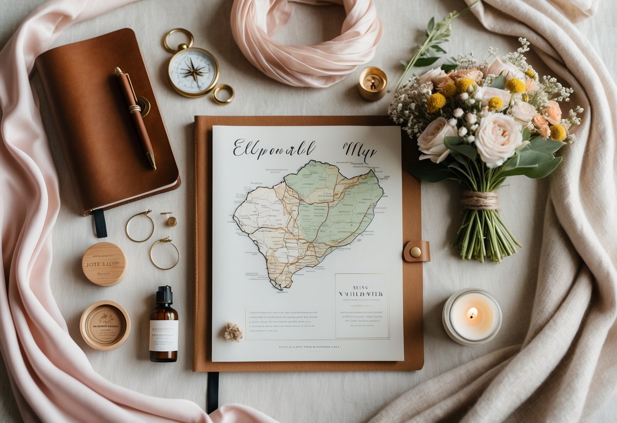 A flat lay of meaningful gifts for brides who elope, including a journal, scarf, compass, earrings, keepsake box, perfume, candle, wildflower bouquet, map, and shawl on a soft fabric background.