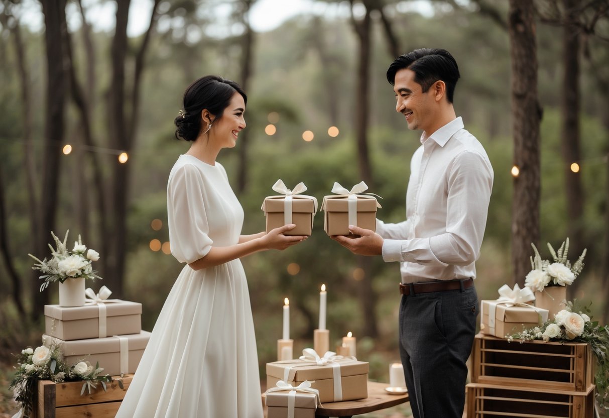 A bride and groom exchanging wrapped gifts outdoors in a natural setting, surrounded by flowers and decorations.