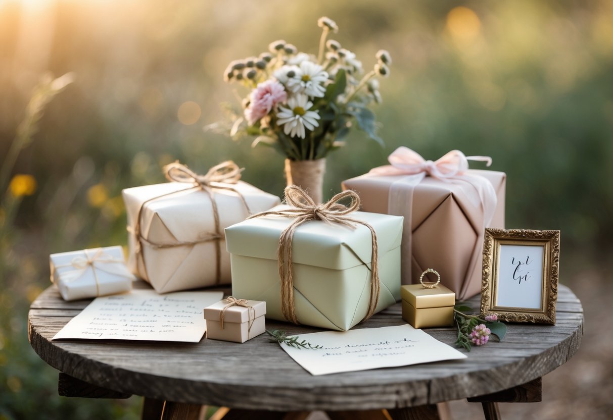 A small rustic table with wrapped gifts, wildflowers, a handwritten note, a gold ring box, and a photo frame in an outdoor setting with greenery and sunlight.