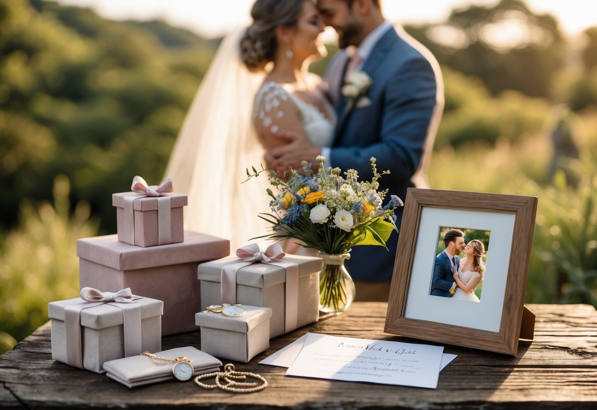 A collection of meaningful wedding gifts on a wooden table with a blurred couple embracing outdoors in the background.