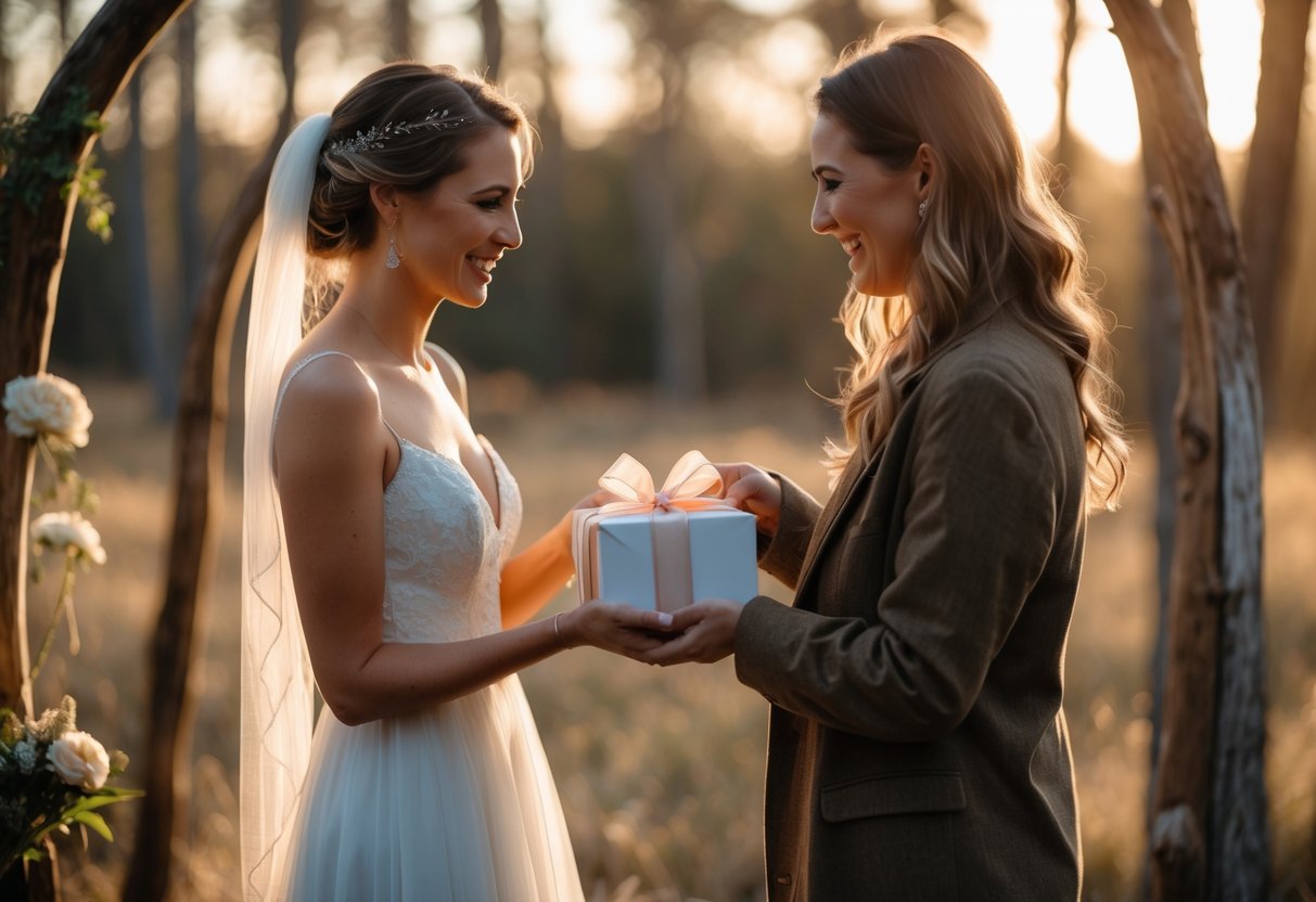 A bride outdoors receiving a small meaningful gift from a close friend in a peaceful natural setting at sunset.