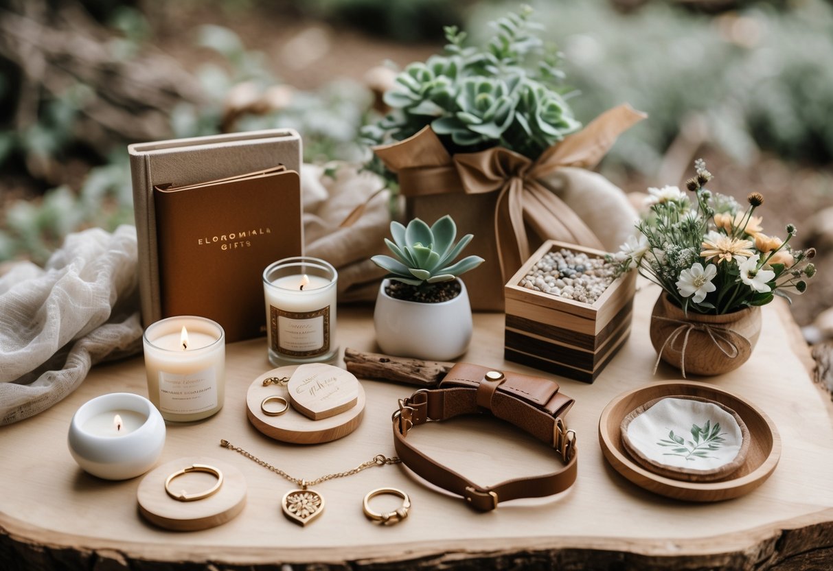 A flat lay of ten unique elopement gift items arranged on a wooden surface, including jewelry, candles, a journal, a plant, and a bouquet of wildflowers.