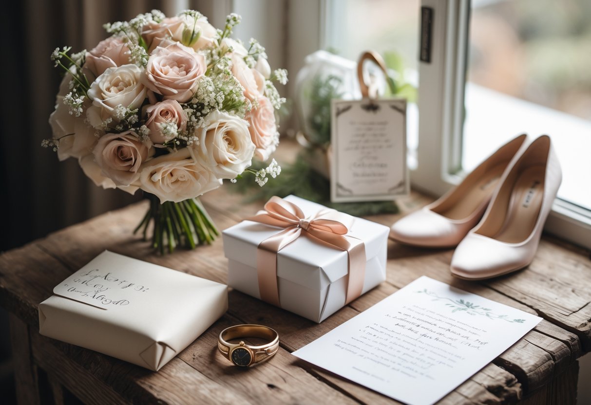 A cozy table displaying a bridal bouquet, wrapped gift box, handwritten note, bridal shoes, wedding band, and travel-themed items in soft natural light.