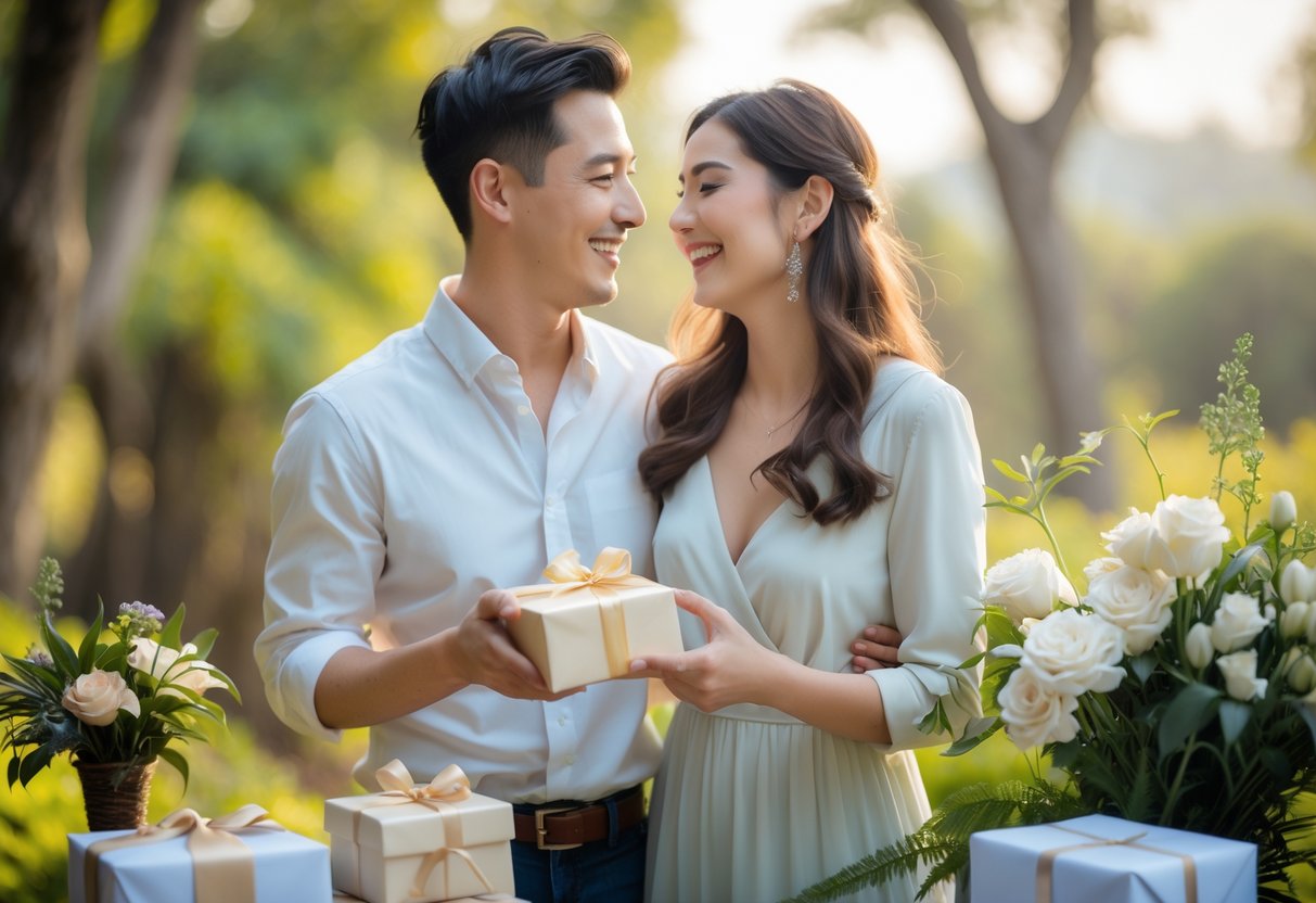 A happy couple standing close together outdoors, smiling and surrounded by small gift items and flowers.