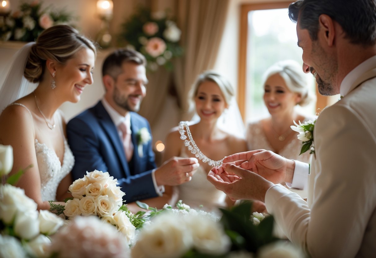 A small wedding gathering where a meaningful piece of jewelry is being gifted, with happy people and a warm, intimate setting.