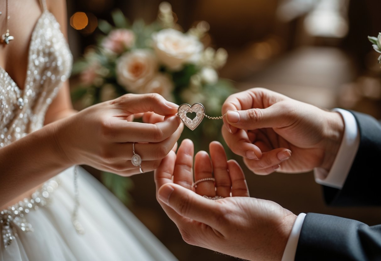 A bride and groom exchange heart-shaped jewelry during a small wedding ceremony.