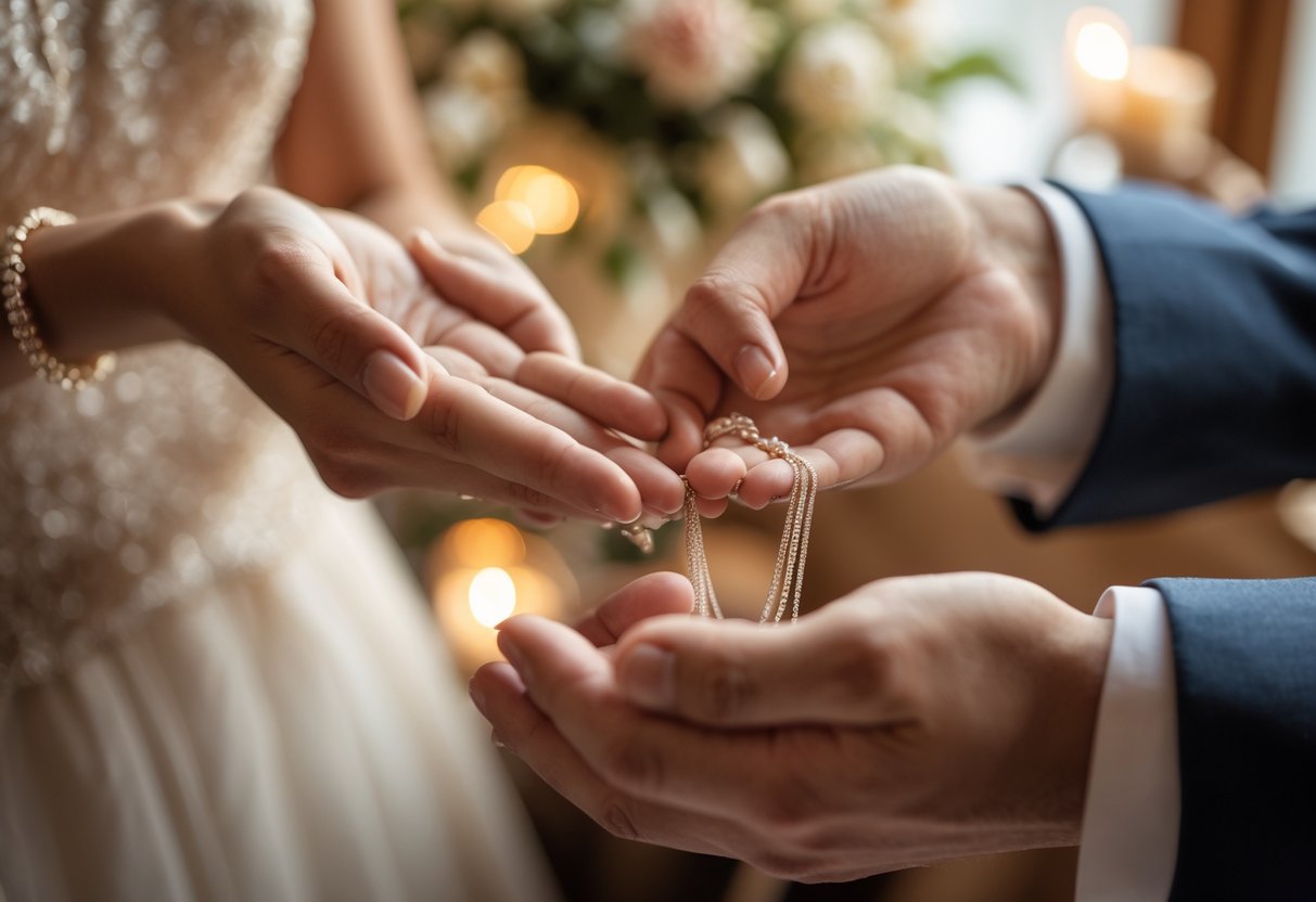 Close-up of two hands exchanging jewelry during a small wedding celebration.