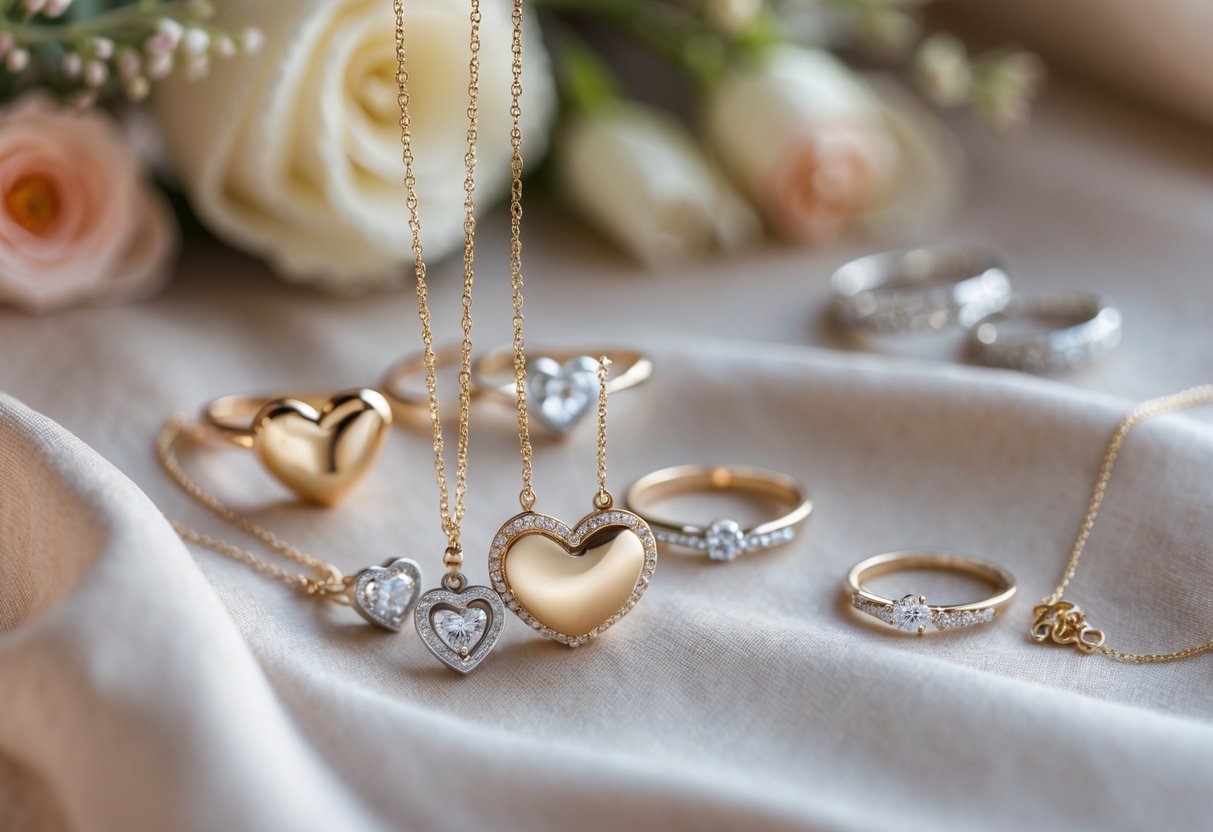 Close-up of heart-shaped jewelry including pendants and rings arranged on fabric with small wedding flowers and rings in the background.