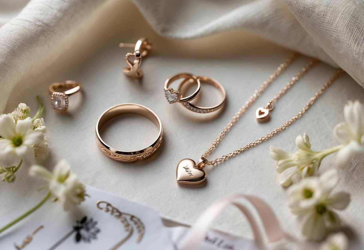 Close-up of personalized wedding jewelry including engraved rings, a heart pendant necklace, and earrings arranged with small white flowers and lace on a soft background.